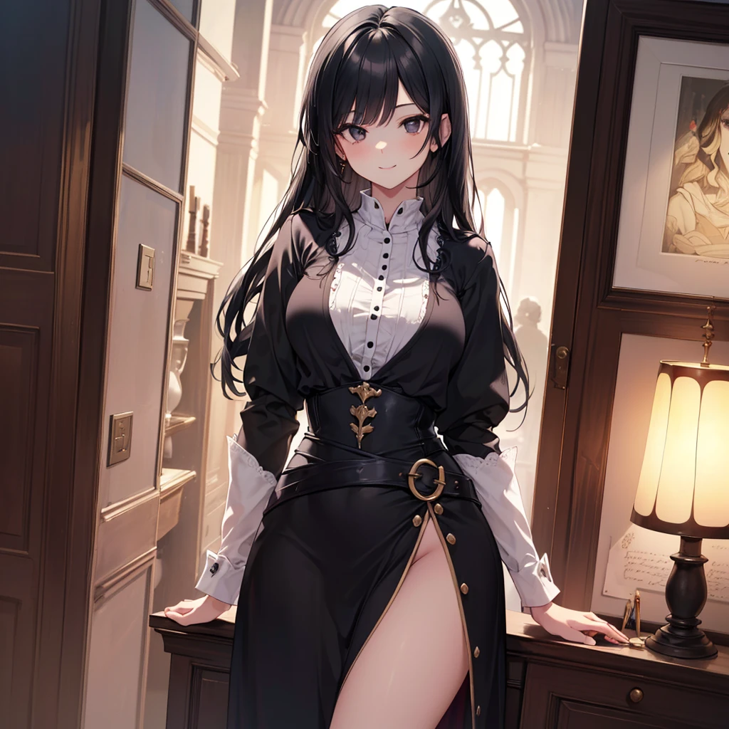 ((masterpiece, the best_quality)), 1 Girl, (Reality:1.4),  Solitary, White_background, Black_hair, long_hair,   absolute_Good memories, skirt, ((full_Body)),