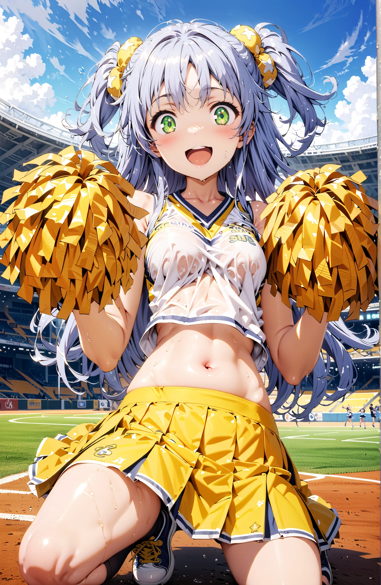 score_9, score_8_up, score_7_up, source_anime,Prohibited bibliography, green eyes, blue hair, long hair,smile,cover,open your mouth, (Cheerleading), (full body),  on chest, (I sweated), I sweated Wet Clothes, (white clothes),sleeveless, pleated skirt,black socks,sneakers with a ladyback letter,belly button stick, playground, (jump), (jump), 片足を曲げてjumpする, , blue sky,  Compa, smile,cheerleader, Pom-pom \(Cheerleading\) real hair ornaments,angles from below,Customer,full bodyがillustrationsに入るように,break outdoors,stadium,
break looking at viewer,full body,
break (masterpiece:1.2), Best Quality, high resolution, Unity 8k 壁紙, (illustrations:0.8), (beautiful detailed eyes:1.6), very detailed face,  perfect lighting on the table, Extremely Detailed CG, (perfect hand, perfect anatomy),
