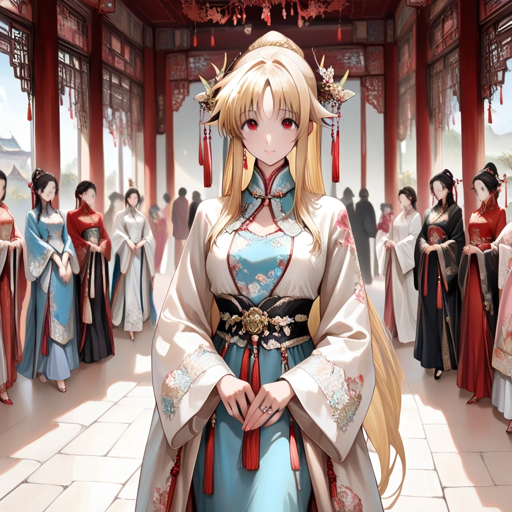 ((Highest quality)), ((masterpiece)), (detailed), （Perfect Face）、The woman is a concubine and sixth wife, Yuuki Asuna, with light brown, medium-long hair. She is a concubine to a wealthy man and a member of his harem. She is beautifully dressed in a captivating harem outfit and is lavishly adorned with many accessories.、Including women６The man&#39;s concubines are gathered around him