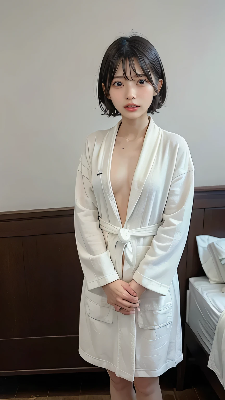 (8k、RAW Photos、Highest quality、masterpiece:1.2)、((Very flat chest、Small breasts、Completely flat chest:1.7))、((night、Bedroom、smile、Bathrobes:1.5))、((Nipples、tits、pubic hair:1.2))、(Realistic、Realistic)、1 girl、(On the bed、Lie、naked))、cute