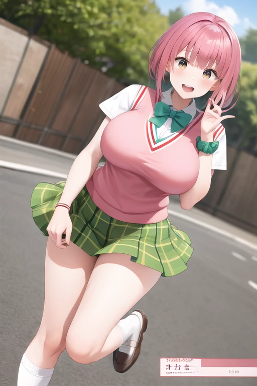 Masterpiece, Best Quality, High Resolutions, Nakano Nino, 1girl, only, pink hair, short hair, busty, butterfly hair ornament, large breasts, cleavage, green skirt, White shirt, Collared shirt, Open clothing, thighs black, short sleeves, lifting skirt, looking at viewer, upset, blushing, full body, standing, bottom, arms behind head, (erotic pose:1.4)