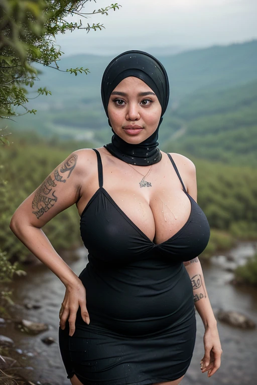 ( Close Up),RAW, Best quality, high resolution, works: 1.3), Beautiful Malay woman in hijab, Masterpiece, fit body, big breasts, beautiful big eyes, Soft smile, beautiful face, woman sitting at a table in a green meadow, traditional beauty, moment sunset, in the field, in the countryside, beautiful woman, with the sunset, wearing a soft long dress, muslim,, hijab, beautiful woman, with a beautiful appearance, a very beautiful masterpiece, a masterpiece of art, good lighting, Bright colors, Clean lines, chubby body, wide chubby hips, chubby arm, chubby massive thighs , massive cleavage , massive armpits , white armpits , armpit hair , extra cleavage, full body , milky white skin