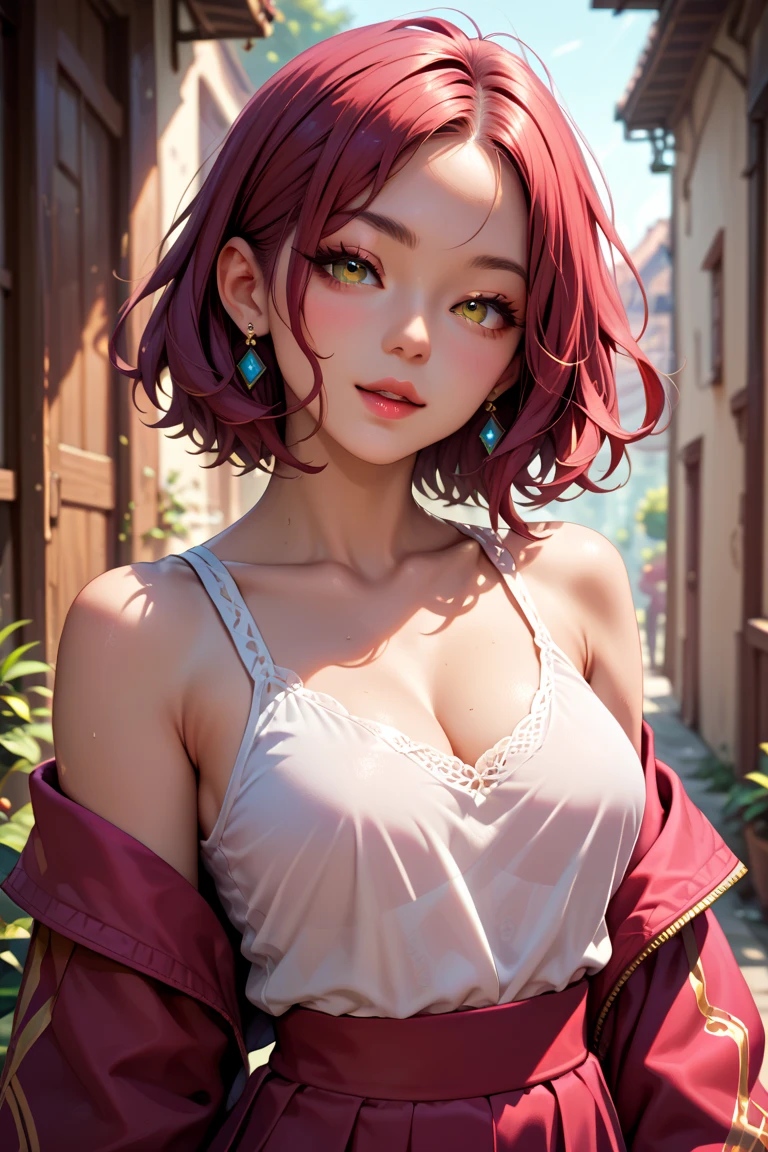 Top view, volumetric lighting, best shadows, shallow depth of field, portrait of an incredibly cheerful girl, small, delicate, attractive face, seductive green eyes, happy smile, closed mouth, lovely medium breasts, (red hair), short hair, freckles, thick eyelashes, open navel, thin waist, walking on the street, (high quality, amazing details: 1, 25), bright colorful paintings, pink bikini, bodywriting, heart shaped pupil, pupila de coração, 16k, highres, best quality, award winning, high quality, high details, super detail, textured skin, anatomically correct, ccurate, retina, UHD, masterpiece, 16k, highres, best quality, award winning, high quality, high details, super detail, textured skin, anatomically correct, ccurate, masterpiece, UHD, retina --auto --s2