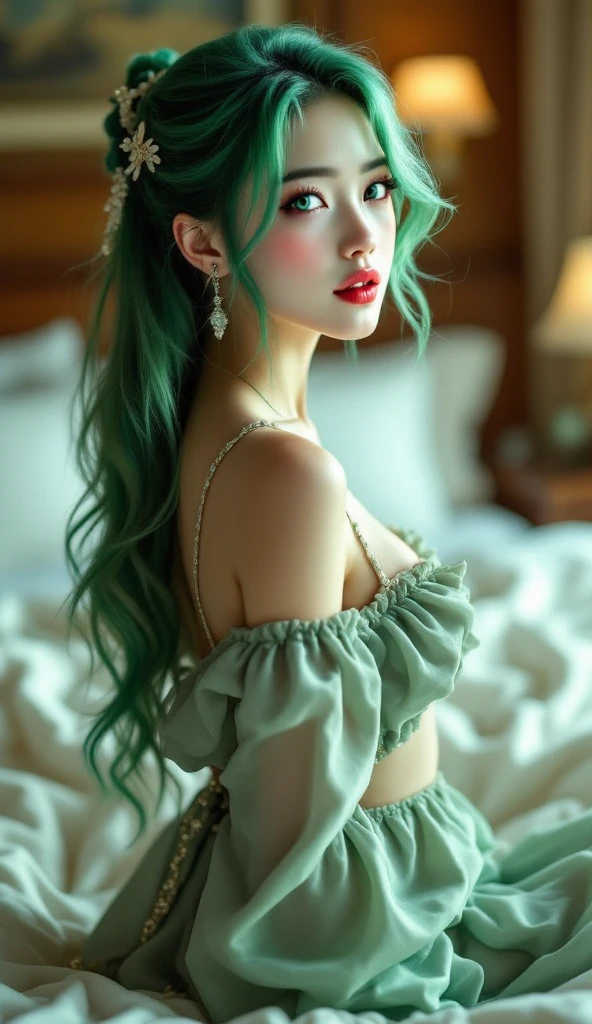 最高masterpiece,girl, Funeral of Frieren,Uber,(masterpiece: 1.4), (8K, Really, RAW Photos, Highest quality: 1.4), Japanese, (girl1名), Beautiful Face, (True Face: 1.4), (Side Tail, Green Hair: 1.3), Hairstyle,Beautiful and fine details, (Real Skin: 1.3), Beautiful skins, Charm, Ultra-high resolution, Kilo, Golden Ratio, (Detailed face: 1.4), (Japanese actor: Haruna Kawaguchi),White semi-transparent lace bra,Wet white translucent panties,Browsing Caution,big,Big butt emphasis,The nipple areola is clearly defined,Looking into the camera,Sit on the bed,The shape of the genitals shows through,Drenched in sweat,Obscene pose(Bend your knees and spread your legs)