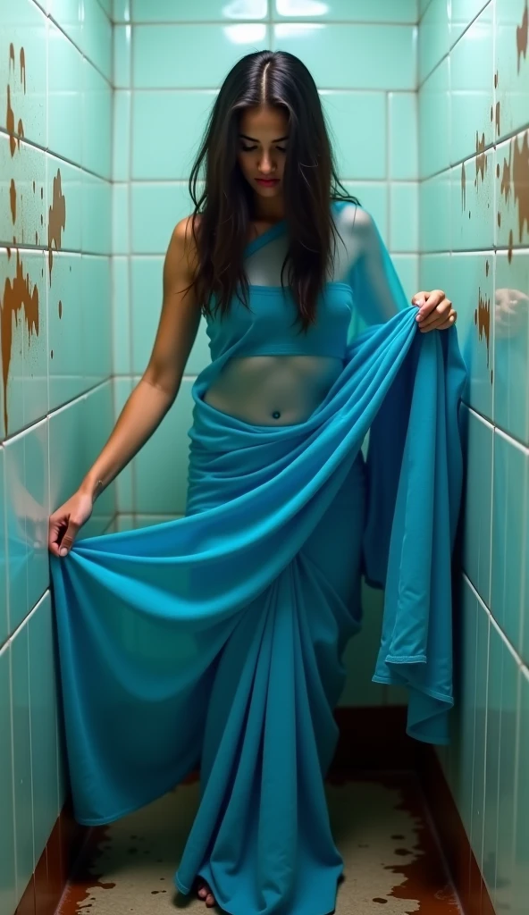 indian girl, blue saree transparent, no blouse, front pose, desperate to go in a dirty toilet