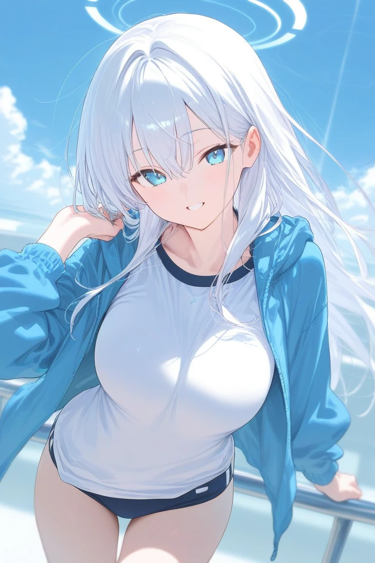 (((masterpiece))), ShizukaMikazuki, One Girl, alone, View your audience, Long Hair, Gray Hair, Long sleeve, Cleavage, Large Breasts, Make your face a little smaller,clavicle, blue eyes,Enlarge your breasts a little more, Open clothes, open hoodie, blue hoodie, White shirt,Black hot pants, Play sports often, bicycle,Cycling in nature