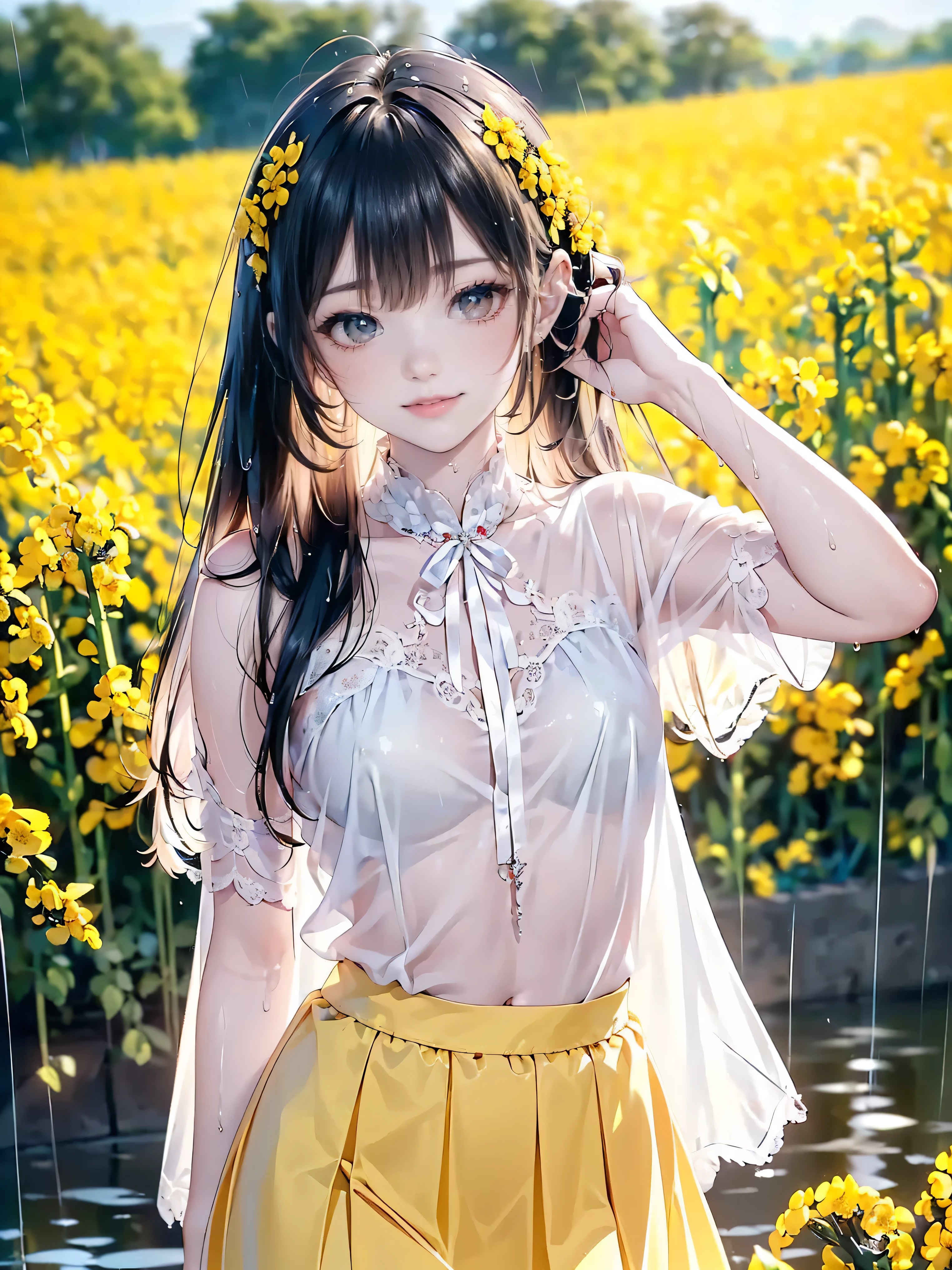 Best quality, 8K, masterpiece, ((rain is falling heavily)), ((beautiful schoolgirl with odd eyes)), ((heterochromia, red eyes, green eyes)), ((sparkling narrow eyes)), (wearing a thin silk blouse with beautiful embroidery), ((wearing a yellow flared skirt)), (small breasts), ((translucent white skin), slender body, ((getting wet from the rain in a rapeseed field)), ((anatomically accurate depiction)), ((detailed depiction down to the fingertips)), ((whole body wet from the rain)), smiling shyly, ((whole body wet from water)), ((one hand behind her head)), ((rapeseed flowers surround her)), beautiful background