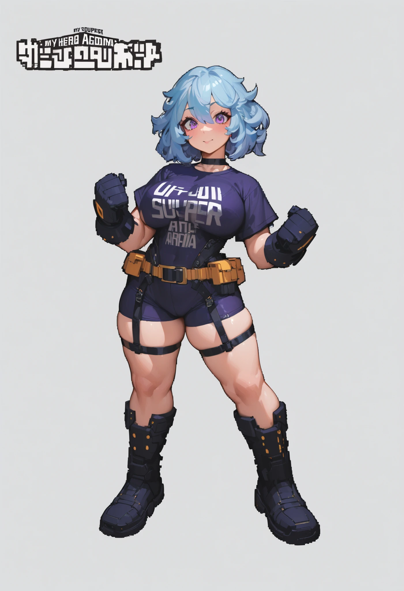 My Hero Academia style, anime girl t-shirt, Women, trend in artstation pixiv, (Full Body Photo:0.5), wide thighs, style big breasts, wide hips, blue hair, Violet eyes, hero costume, full body suit, perfect anatomy, Súper detallado,