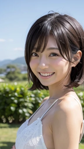 (highest quality:1.5)、(Realistic:1.5)、(1 person:1.5)、(Upper Body:1.5)、Very detailed、High resolution、8k wallpaper、、Small breasts、Natural color lips、Cute Smile、Japanese women、20-year-old girl、Beautiful and elegant face、Perfect and beautiful face、Big eyes、Brunette's eyes、Beautiful and elegant face、Natural double eyelids、Natural Bangs、Beautiful thin nose、Beautiful Skin、Chestnut Hair、Medium Bob Hair、short hair、Natural Bangs、Perfect and beautiful face、Slim face and figure、(Staring at the camera with a cute expression)、Bright lighting、Professional Lighting、Forward lighting、Cute Smile、Summer blue sky、Mountain Grass Park、Look at the viewers、Low angle composition、(Staring at the camera with a cute expression)、Bright lighting、Professional Lighting、Forward lighting、Cute Smile、Beautiful clavicle、Beautiful legs:1.2、Smooth skin、White floral dress、Sit on the grass、wariza, Place your hands between your legs、please sit down、Leaning forward、Shots from low angles、Sitting Girl、seiza、