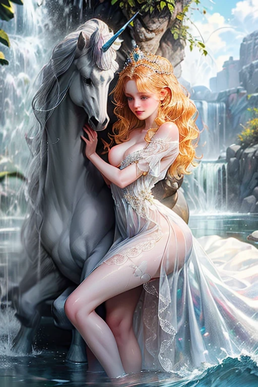 {-erro_de_anatomia:1.0} There is a black unicorn girl, blond mane and long mane, black unicorn, unicorn, unicorn horns, A unicorn, celestia, Nine stories, black unicorn, soft dreamy, cinematic light《fangs》Unicorn in, mythological creatures, a mythical creature, Pokémon illustration, unicorns, a glaceon princess, white dress, opal eyes. Auroracore, ghostly iridescent, image good for rendering, sitting on the water. unicorn girl, full body, holding a crystal unicorn,