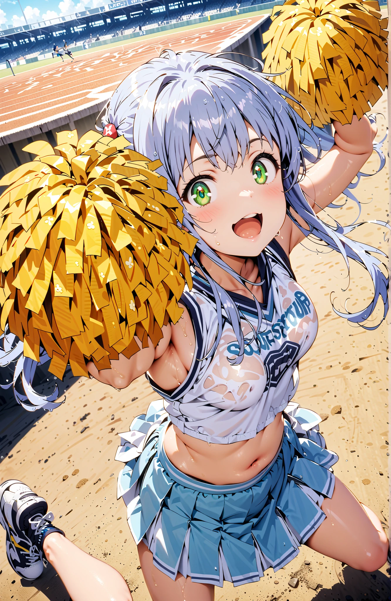 score_9, score_8_up, score_7_up, source_anime,Prohibited bibliography, green eyes, blue hair, long hair,smile,cover,open your mouth, (Cheerleading), (full body), on chest, (I sweated), I sweated Wet Clothes, (white clothes),sleeveless, pleated skirt,black socks,sneakers with a ladyback letter,belly button stick, playground, (jump), (jump), 片足を曲げてjumpする, , blue sky, Compa, smile,cheerleader, Pom-pom \(Cheerleading\) real hair ornaments,Customer,full bodyがillustrationsに入るように,break outdoors,stadium,
break looking at viewer,full body,
break (masterpiece:1.2), Best Quality, high resolution, Unity 8k 壁紙, (illustrations:0.8), (beautiful detailed eyes:1.6), very detailed face, perfect lighting on the table, Extremely Detailed CG, (perfect hand, perfect anatomy),