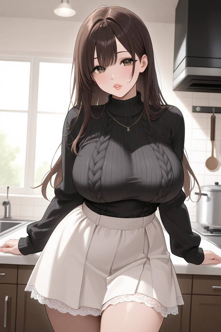anime girl with long brown hair and a cat ears, anime girl with long wavy hair, beautiful anime girl, brown eyes, cleavage, big tits, nsfw, full body, black collar with bell, sexy pose, full body, hands behind back, fishnet leggings, short skirt, black crop top
