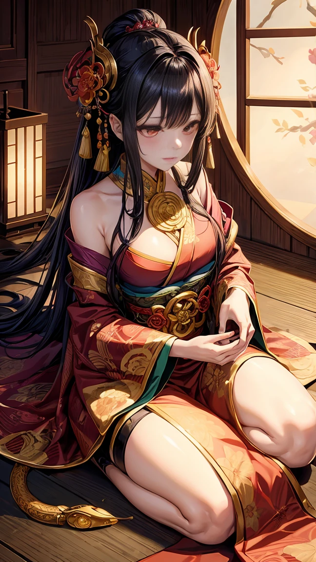 ​masterpiece、best、Hi-Res、1 female、A dark-haired、Medium Hair、Asymmetrical hair、Floating hair、blindfolds、High Ponytail、side locks、hair adornments、Fish hair ornament、tassels、Kanzashi、bangss、light blue  eyes、Beginning、ssmile, tusk, Only the upper teeth, a choker, a red choker, Pendant Choker, Butterfly Choker, 鎖骨, The tattoo, Chest Tattoo, Flower tattoo, cleavage of the breast, middlebreasts, thighs thighs thighs thighs, bandaged, Bandaged Legs, sarashi, Budget Sarashi, Breast sarashi, Black sash、 Hadanugi Dosa 、 Broomstick 、 Komono 、 Kimono 、 Drawstring 、 Obi 、 Obiage 、 Obi tightening 、 Orange kimono 、 Drawstring 、 Patterned kimono 、 noose 、 Obi 、 Shimenawa 、 Short kimono 、 Piece bare shoulders 、 phantom（Genshin） 、 East Asian Architecture 、cherry trees, full body Esbian, crouching down, sparkler fireworks, natta, sparklers, sparklers, cross one's legs, an legs, single glove, Single fingerless gloves, wristbands, Black socks,