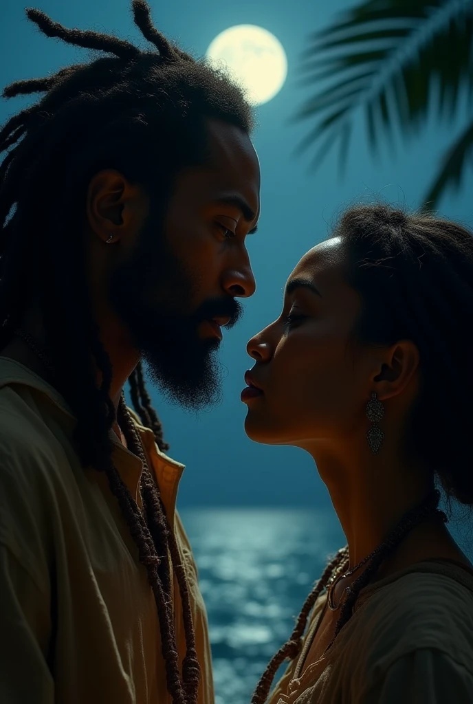 the night, a brown woman, with a bun in your hair, of coasts sitting meditating, with an old black entity from Umbanda at his side, wear white clothes, with his hand on her shoulder guiding her, with a divine white light around