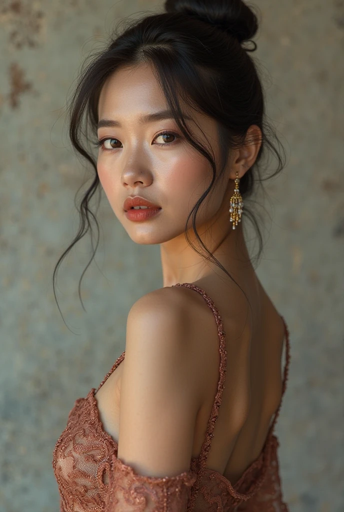 Create a (( mid-shot )) photorealistic image of a beautiful Asian woman with fair, smooth, flawless skin. She has large, round, sparkling eyes with naturally long and curled eyelashes, and well-defined, dark eyebrows. Her nose is straight and high, and her naturally pink, soft lips form a gentle smile. She has short, slightly curled brown hair that highlights her delicate facial features. Her face is oval-shaped, with a wide and high forehead, moderately high cheekbones, and a pointed, slender chin. She is wearing a black lingerie that complements her elegant and feminine appearance. (( waist to top))