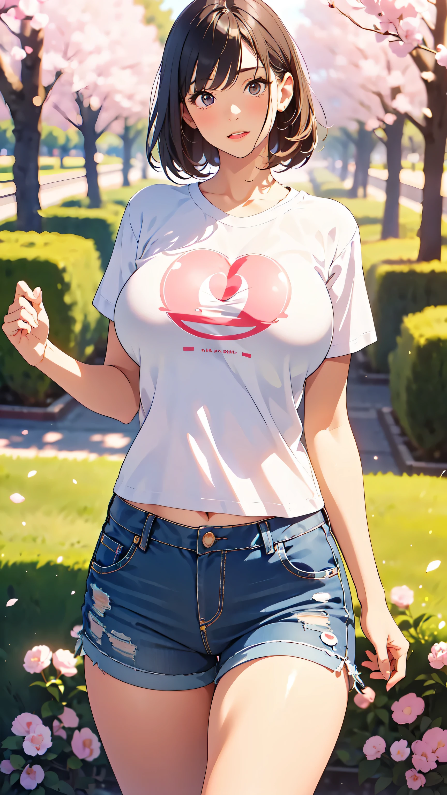 1girl, anime girl, anime, (dark skin), 2d girl, 18y, (fullbody), standing, anime girl, pensive, (silver hair), ((large white shirt with a red heart printed on it)), Solo, Slim, large breasts, big , big Breasts, Tight Shorts, low waist shorts, upshorts, skyscrapers background, modern city, looking at viewer, darker shadows, (((Wedgie))), (((????????))), (((shorts))), (((absurdres))), (((thigh gap))), (((cameltoe))), (((cleft of venus))), (((lowleg shorts))), (((innie pussy))), (((inniepussy))), (((innie_pussy)))
