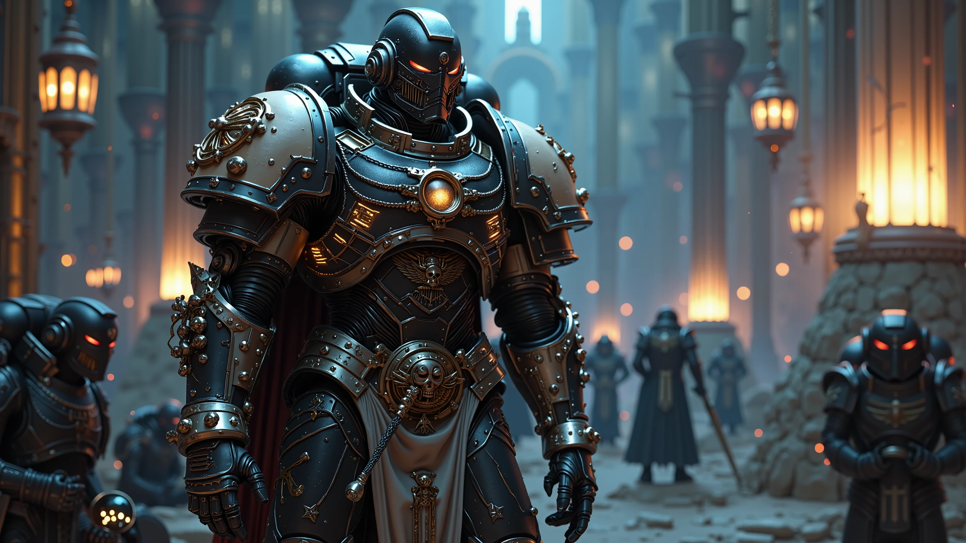 A post-human futuristic space marine representing the ideology of Transhumanism, advancing through a cathedral of synthetic evolution, dramatic atmosphere, 1 male
He wears biomechanical exo-armor grown from a fusion of alloy and flesh — sleek obsidian plating over translucent muscle-like fibers. Tubes of glowing nanite fluid pulse along his limbs. His chestplate bears the symbol of ascending DNA spirals, crowned with a glowing AI core.
His helmet is partially retracted, revealing a hybrid face — one side human, the other completely cybernetic with scanning lenses and neuron filaments. Neuro-cables extend from his spine into a backpack-mounted quantum processor orb that hovers behind him like a digital halo.
His right arm has transformed into a living weapon — a shifting morph-blade of liquid metal guided by thought. In his left hand, he holds a consciousness sphere — a backup of his soul, encased in plasma crystal. Technoscript runes glow across his shoulders and gauntlets.
The background shows a biomechanical vault of ascension — massive pillars of cloned brains, cybernetic monks levitating in data-streams, and a sky of artificial constellations. Others of his kind kneel in meditation, uploading memories into the great Nexus.
Shows full body, serene and terrifying posture, armor evolved beyond humanity, visual fusion of organic perfection and machine transcendence
Photorealistic, masterpiece, realistic, high contrast, cinematic lighting, 8k, ultra detailed armor textures, best quality, ultra high resolution, no text, hyper realism, dramatic shadows
