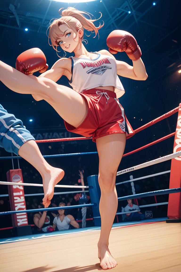 RAW image quality, 8K resolution, Ultra-detailed CG quality, (High resolution, highest quality, table top:1.4), 2 girls, (16 year old female :1.3), sparkling skin, narrow waist, Large chest teeth above the skin, (A woman wearing a sports bra and boxing shorts:1.3), boxing gloves, boxing match, (A powerful punch cuts the face)、fist fight、short shorts, sweat a lot, (in the boxing ring:1.2), (Her panties are visible under her shorts:1.2), tight clothes, pubic hair, angry look, blush, Large audience background,