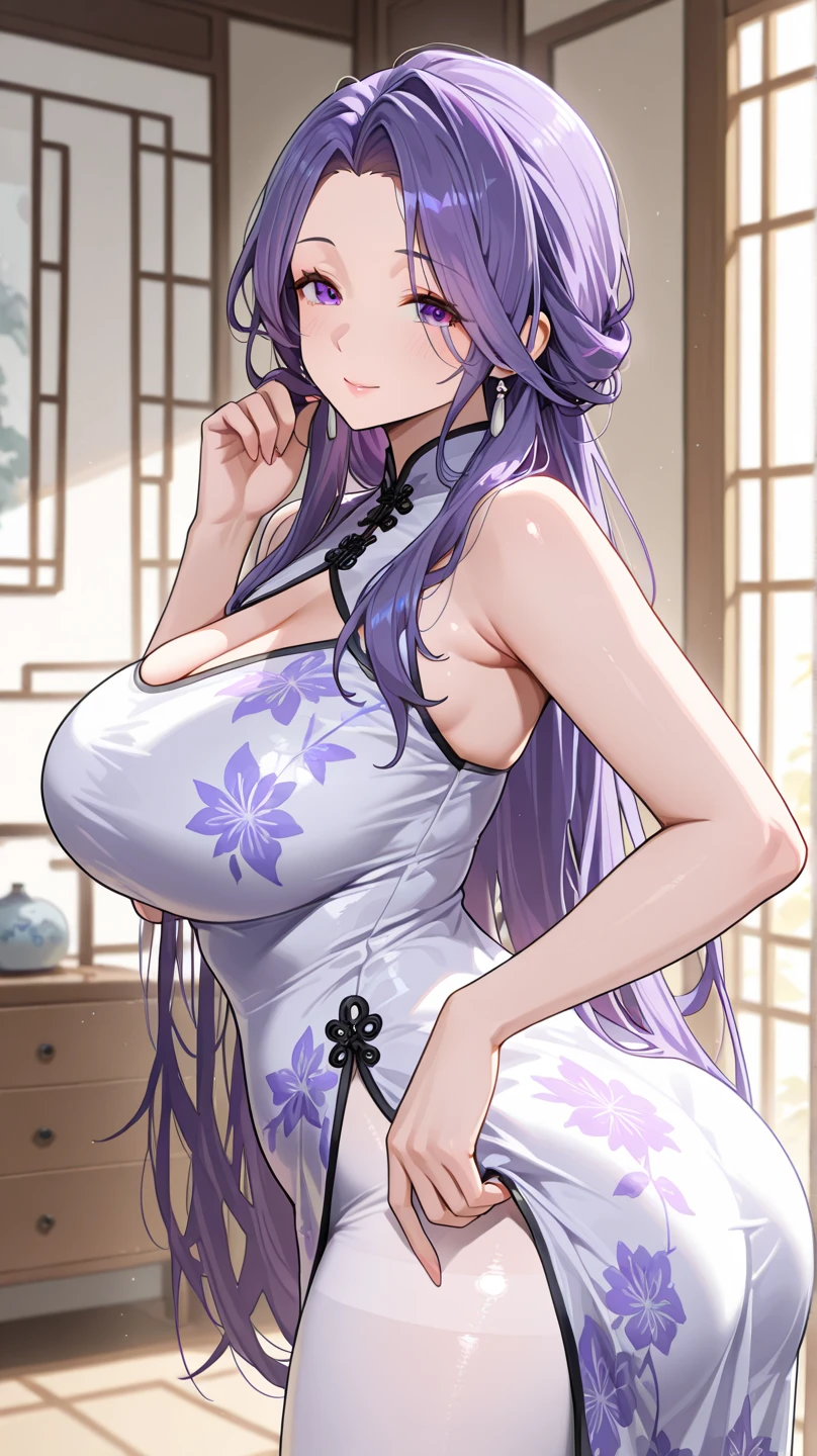 shanpuuranma, big_old, standing, chino_lingerie_floral, masterpiece, Best Quality, detailed face, detailed eyes, High resolution, crimson eyes, blushing, sexy underwear, tetas bigs, pose sexy, seductive look, sensual, in an elegant room, Chinese ornaments