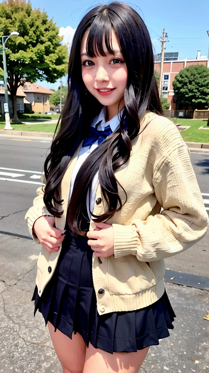 A high school girl standing in the schoolyard、Japanese、uniform、miniskirt、long black hair、curly hair、cute face、is smiling、full body view