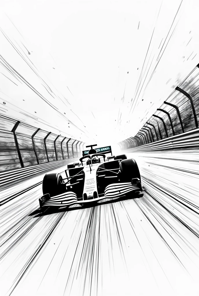 a black and white comic illustration of a formula 1 car rushing down the circuit. fill whole image with dynamic line movement. motion blur. big bold chaotic caption "Vrrrrooom" across.