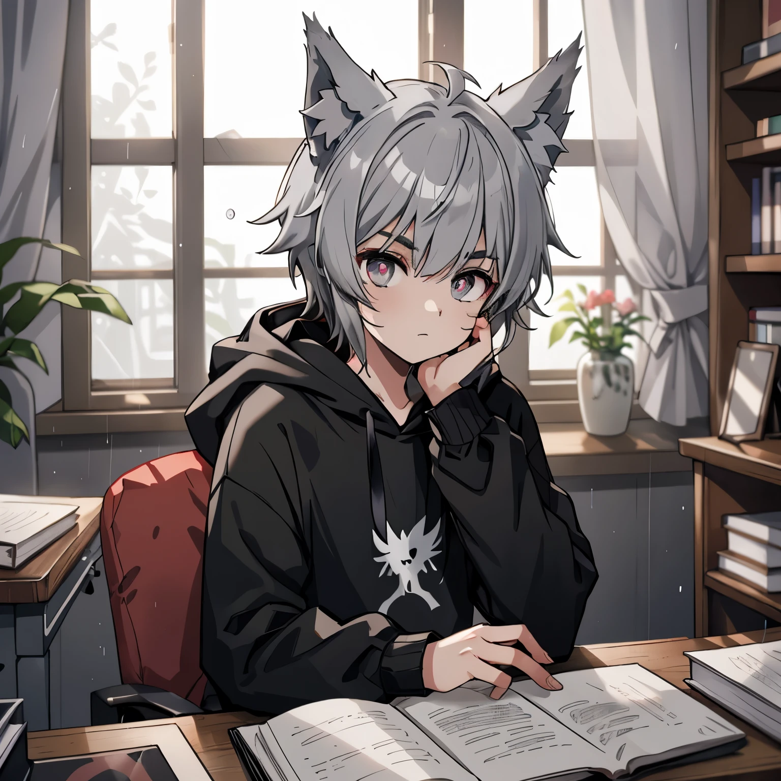 Character: 1boy, light_gray_short_hair, wolf_ears, wolf_tail, sharp_eyebrows, red_iris, black_vertical_pupils, expressionless, black_hoodie, white_shorts, sitting_on_the_bed, staring_outside_of_the_window, resting_his_chin_on_his_hand
Background: bedroom_with_a_wide_window, raining_outside_of_the_window, wooden_desk_in_front_of_the_window, a_red_bed_next_to_the_wooden_desk, a_stand_light_on_the_wooden_desk, some_books_on_the_desk, a_laptop_on_the_desk