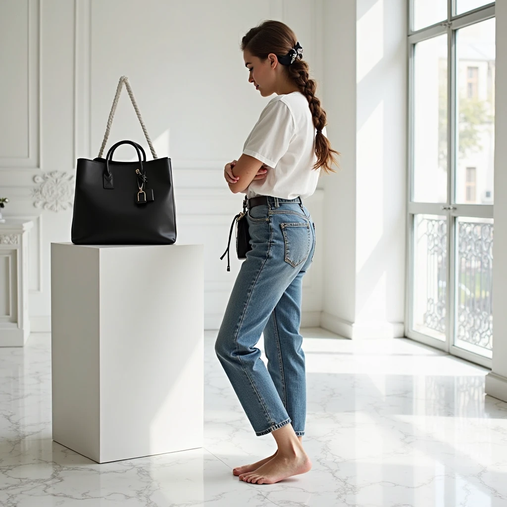 ,A pretty young woman with natural makeup and light freckles, long brown hair in a side braid with a black scrunchie dressed in a white blouse and high-waisted jeans, stands barefoot on a sleek marble floor in her minimalistic designer bag store. She’s admiring a black leather tote on a pedestal while another bag hangs from her shoulder. Full-body frame showing her feet, the shop’s white walls, and a large glass window with sunlight streaming in.
