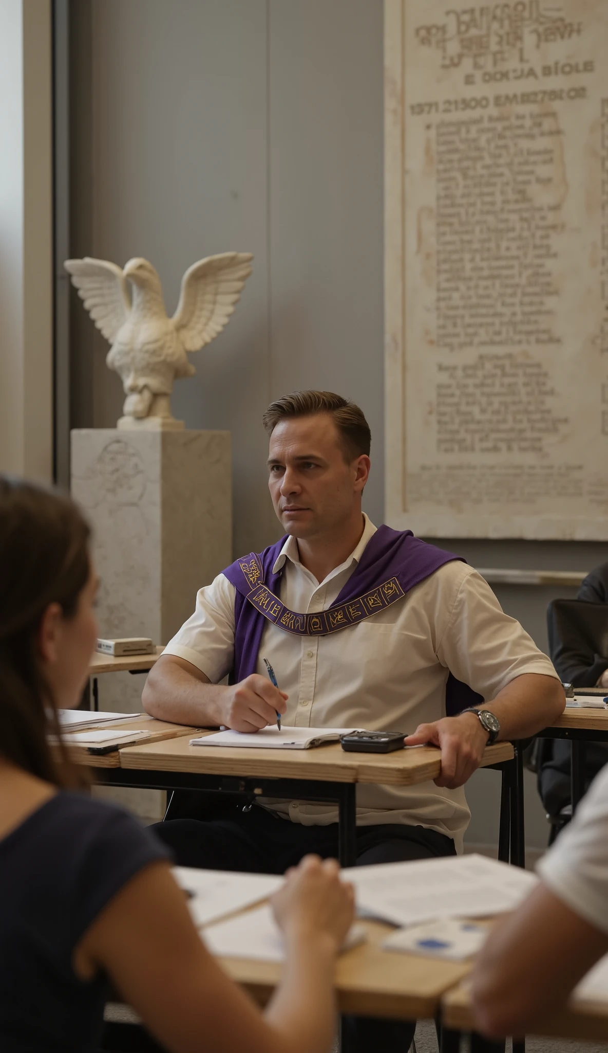 POV: first person view, sitting in a modern university classroom, professor wearing modern clothes with purple-bordered toga draped over one shoulder, students with eagle imperial pins, marble bust of current Emperor on display pedestal, Latin phrases carved into modern classroom walls, masterpiece, 8k UHD, cinematic lighting, photorealistic, hyperrealistic texture, film grain, depth of field, realistic face lora, detailed skin texture, alternate history education setting, 2025 technology