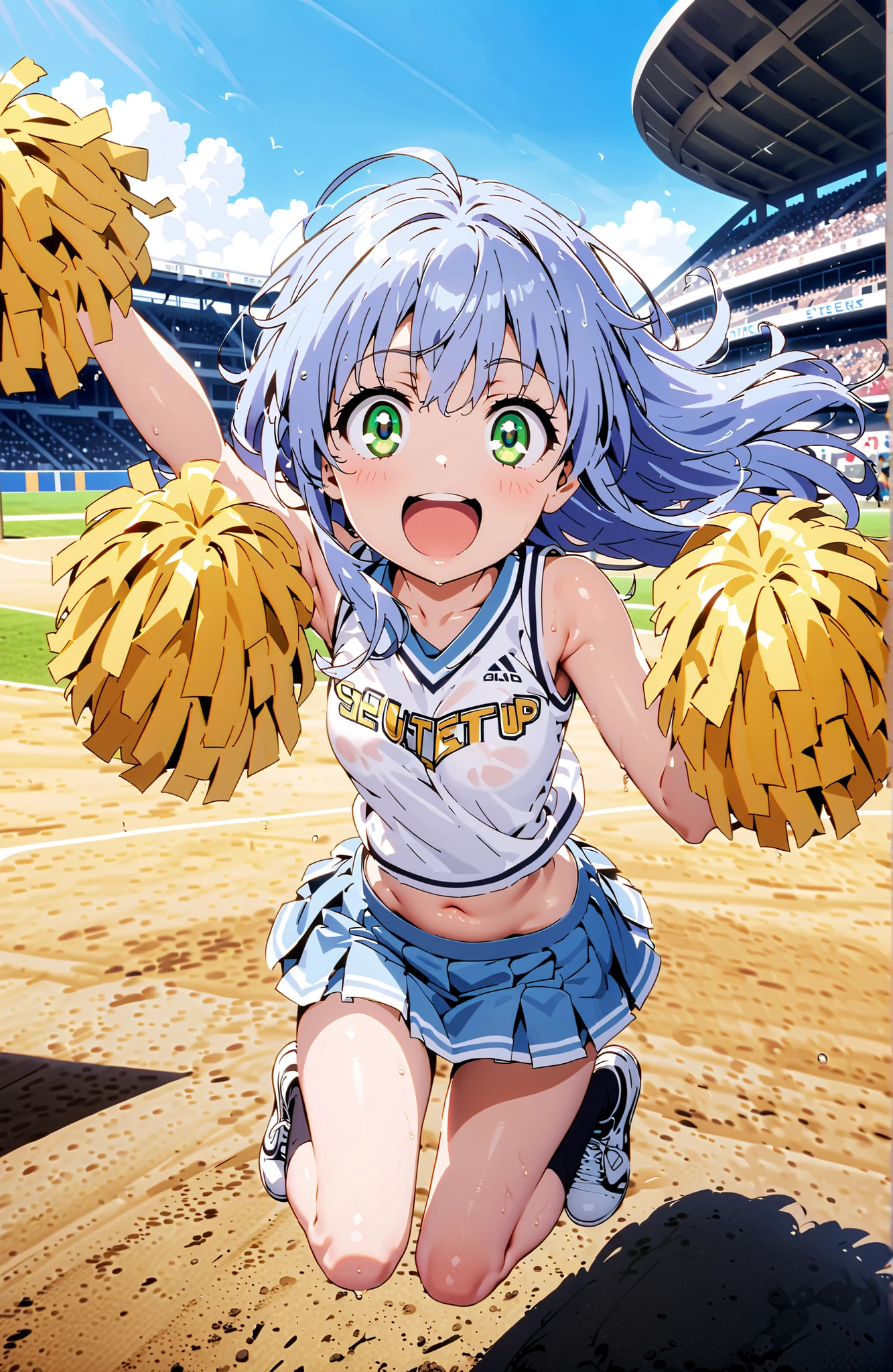 score_9, score_8_up, score_7_up, source_anime,Prohibited bibliography, green eyes, blue hair, long hair,smile,cover,open your mouth, (Cheerleading), (full body), on chest, (I sweated), I sweated Wet Clothes, (white clothes),sleeveless, pleated skirt,black socks,sneakers with a ladyback letter,belly button stick, playground, (jump), (jump), 片足を曲げてjumpする, , blue sky, Compa, smile,cheerleader, Pom-pom \(Cheerleading\) real hair ornaments,Customer,full bodyがillustrationsに入るように,break outdoors,stadium,
break looking at viewer,full body,
break (masterpiece:1.2), Best Quality, high resolution, Unity 8k 壁紙, (illustrations:0.8), (beautiful detailed eyes:1.6), very detailed face, perfect lighting on the table, Extremely Detailed CG, (perfect hand, perfect anatomy),