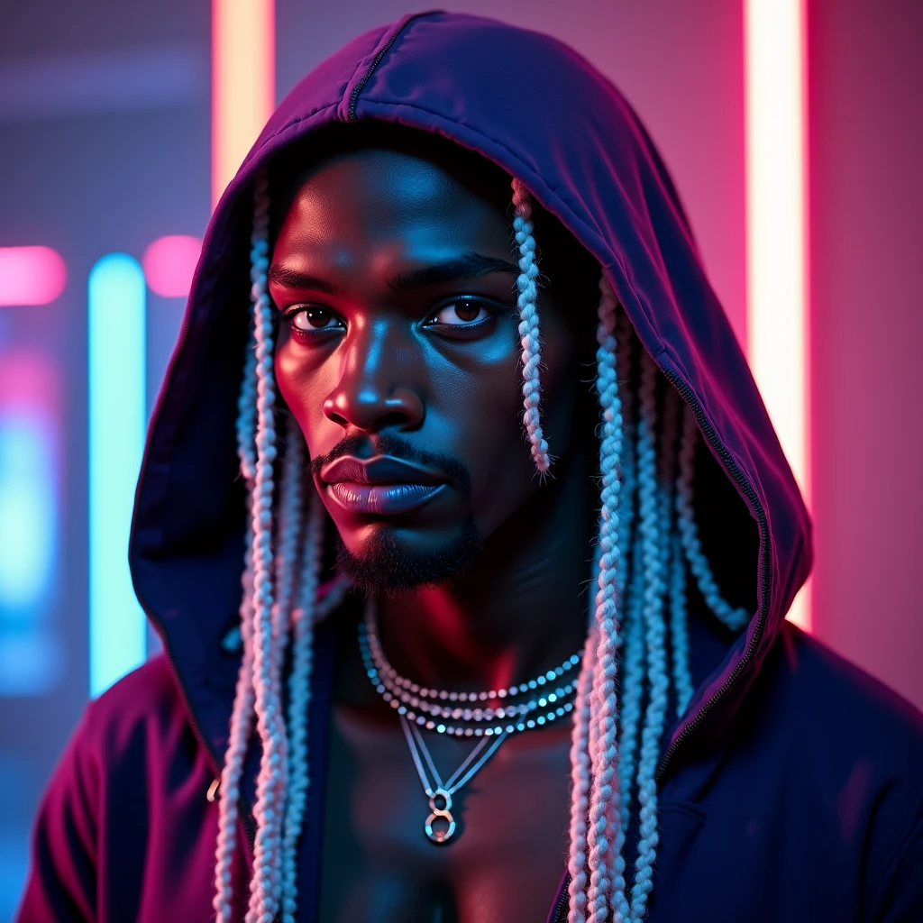 "Dark theme :: Closeup of face, ultra realistic GTA V muscular male white hair dreadlocks sitting :: cyberpunk way (grey eyes) :: cool cyber punk jacket neon eyes :: shirtless:: dark thesis :: natural lighting :: bokeh :: 8k :: Best Quality :: masterpiece :: Futuristic cityscape background"
