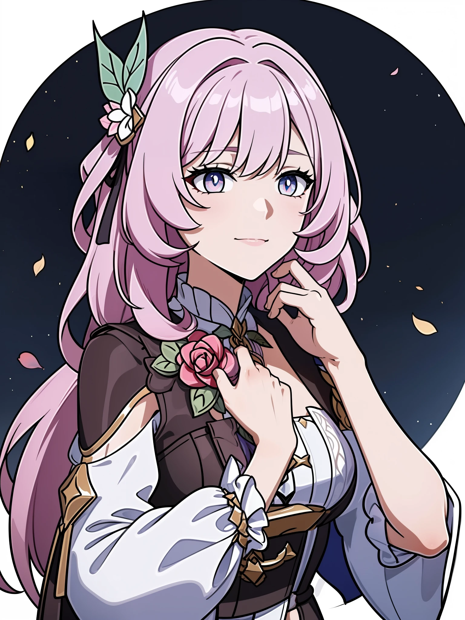 (high-quality, breathtaking),(expressive eyes, perfect face) portrait, 1girl, female, solo, young , pink hair, blue eye color, medium hair length, soft wavy hair, gentle smile, loose hair, side bangs, looking at viewer, portrait, upperbody, happy expression, ribbon in hair, flower in hair, fantasy clothing, elegant, mature, height 4"3, adventurer attire, warlock attire, warlock profession, short height, Dungeons & Dragons character, jacket, dress, Firefly Honkai Star Rail Character, hair ornament,hair flower,red flower,red rose, thorns,vines,shoulder cutout,