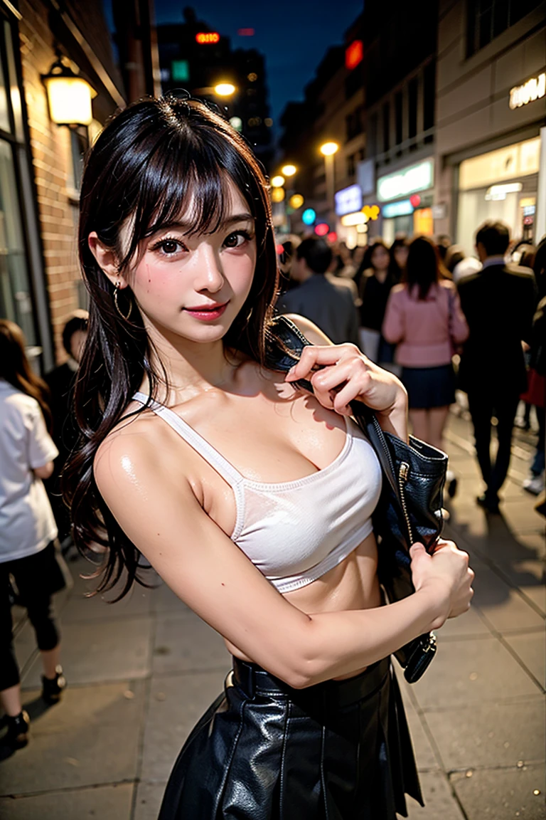 A professional portrait photograph of a gorgeous asian girl in summer clothing with long wavy blonde hair, sultry flirty look, gorgeous symmetrical face, cute natural makeup, wearing elegant summer fashion clothing, walking in a city street at night, stunning modern urban environment, ultra realistic, concept art, elegant, highly detailed, intricate, sharp focus, depth of field, f/1.8, 85mm, medium shot, mid shot, professionally color graded, bright soft diffused light, volumetric fog, trending on Instagram, HDR 4K, 8K