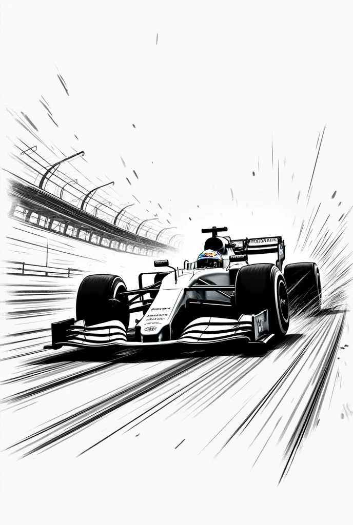 a black and white comic illustration of a formula 1 car rushing down the circuit. fill whole image with dynamic line movement. motion blur. big bold chaotic caption "Vrrrrooom" across.