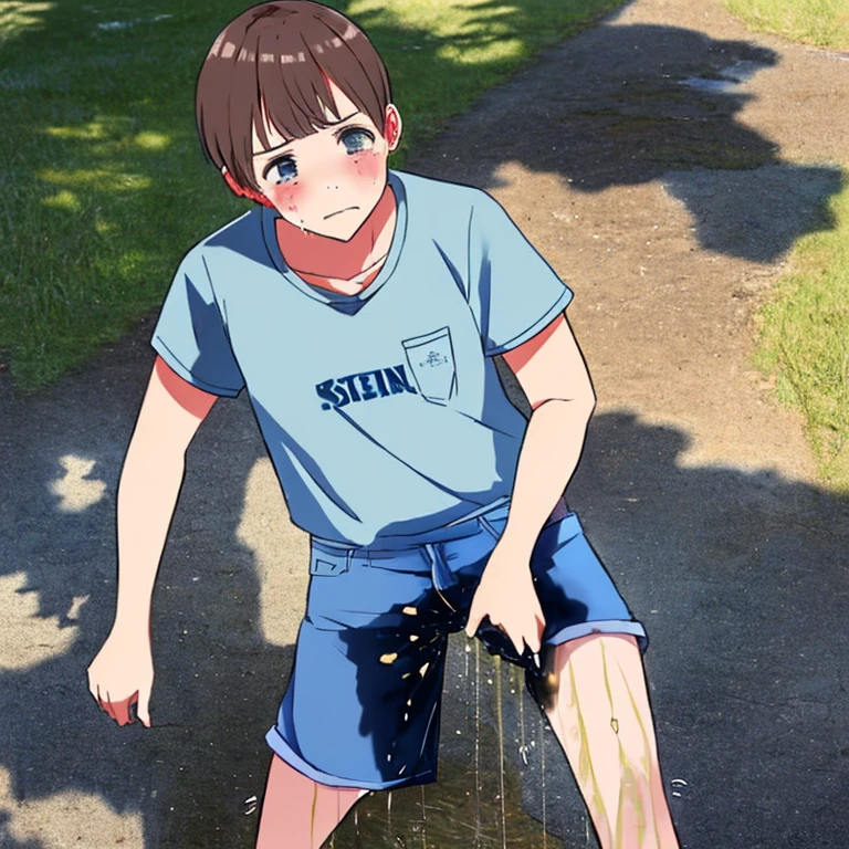 A Chinese boy around 7 years old,Normal body shape is slightly short and thin,He wears a light blue short-sleeved shirt,Light blue shorts,in mall,He wept aloud,teary,kneels on the ground,Eventually, even urinary incontinence,Urine soaked the shorts,Run down your legs to the ground。