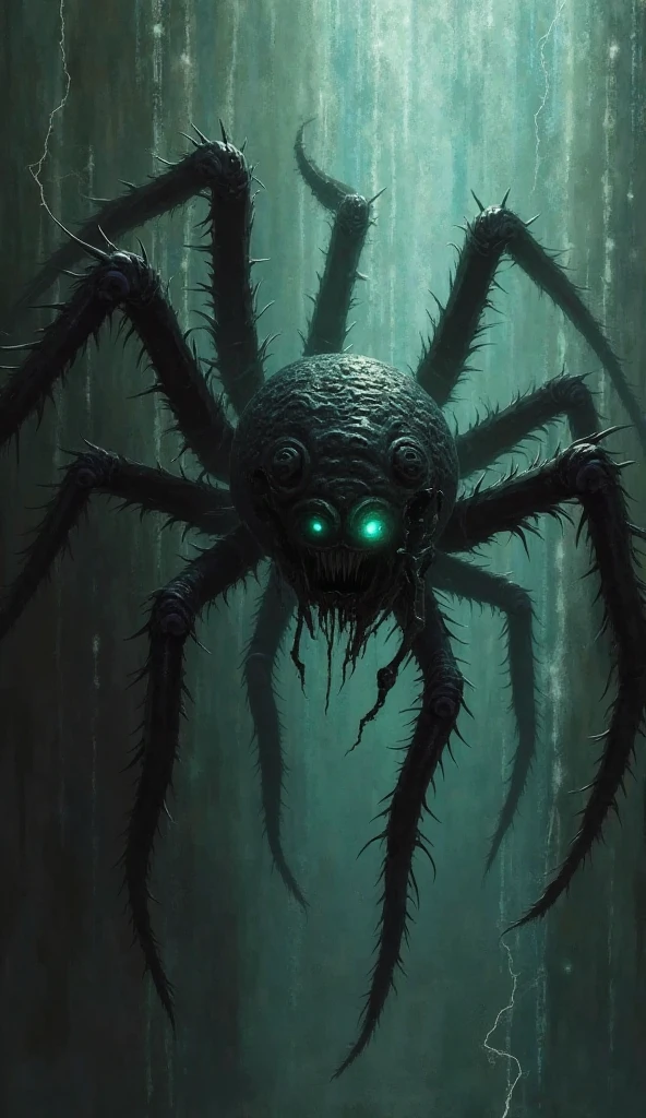 Human-headed spider,There are 8 eyes.,Emotional torture,Dark background