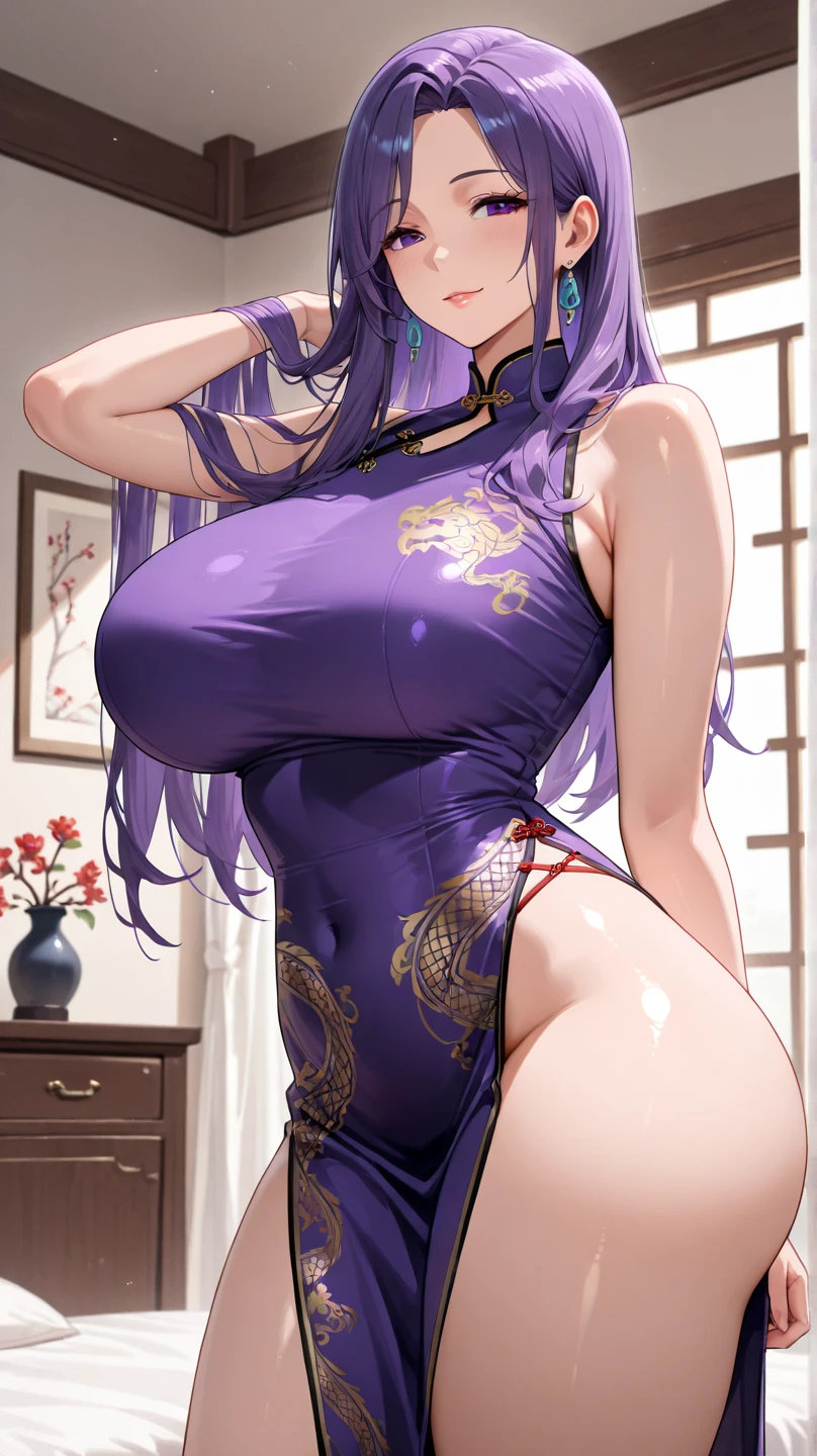 score_8_superior, score_7_superior, sauce_Anime Break, Anime screenshots, Highest quality, Clear Face, Boa Hancock, Black Hair, blue eyes, Long Hair, amount, Large Breasts, View your viewers, China dress, Purple clothes, indoor, squat, Spread your legs, Low - Angle, blush,Take off your clothes,tits,Nipples,Female organ