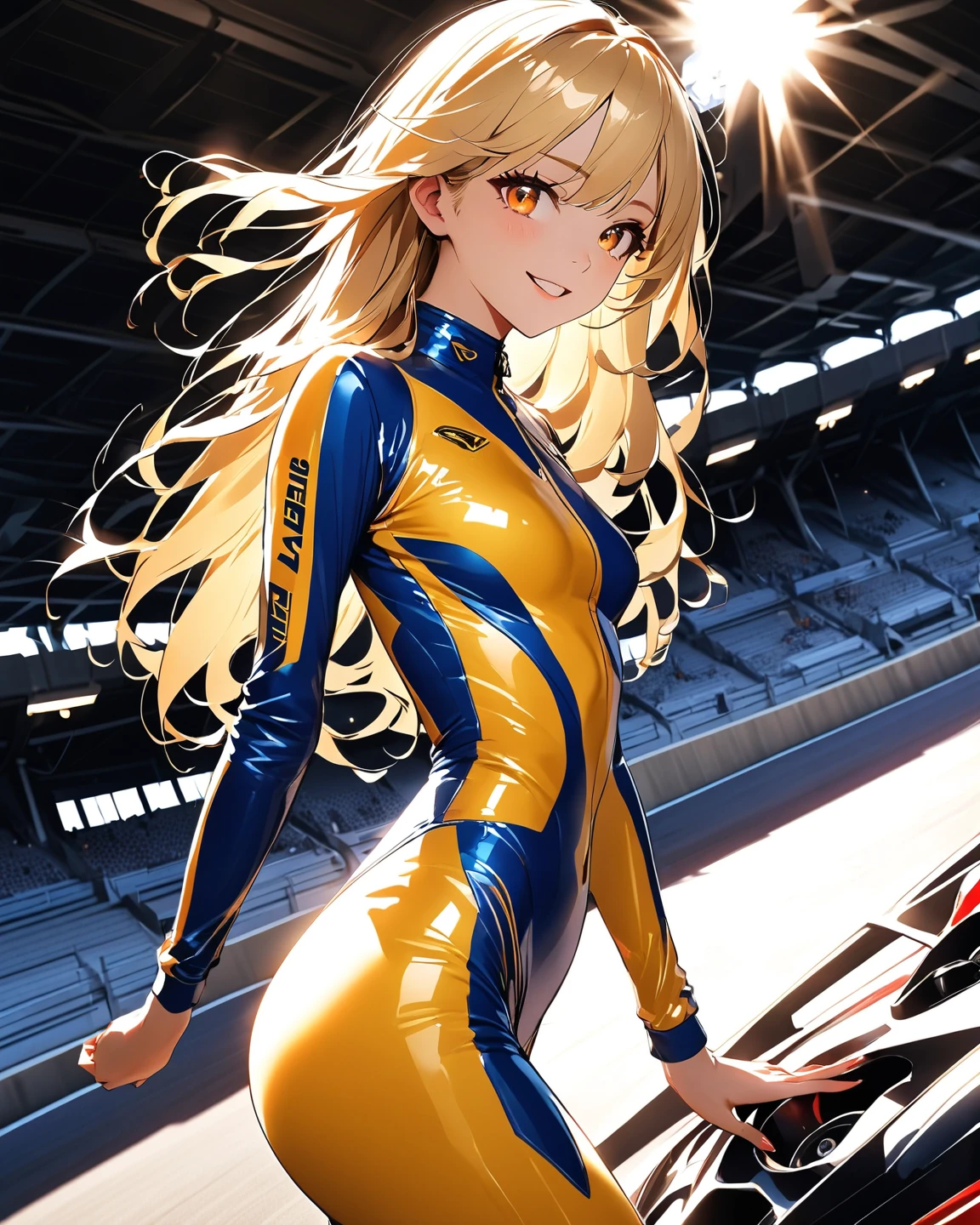 ((best quality, ultra-detailed, high resolution, extremely detailed CG, super detailed, direct light, Most beautiful clean lighting)), 1 girl, beautiful girl, cute girl and idol face, young face, smile, Beautiful long pink hair, twintails, Beautiful shining red eyes, white skin, slender, Short body, Race queens, car racetrack, racing cars, blue and yellow swimsuit-like racing suits,