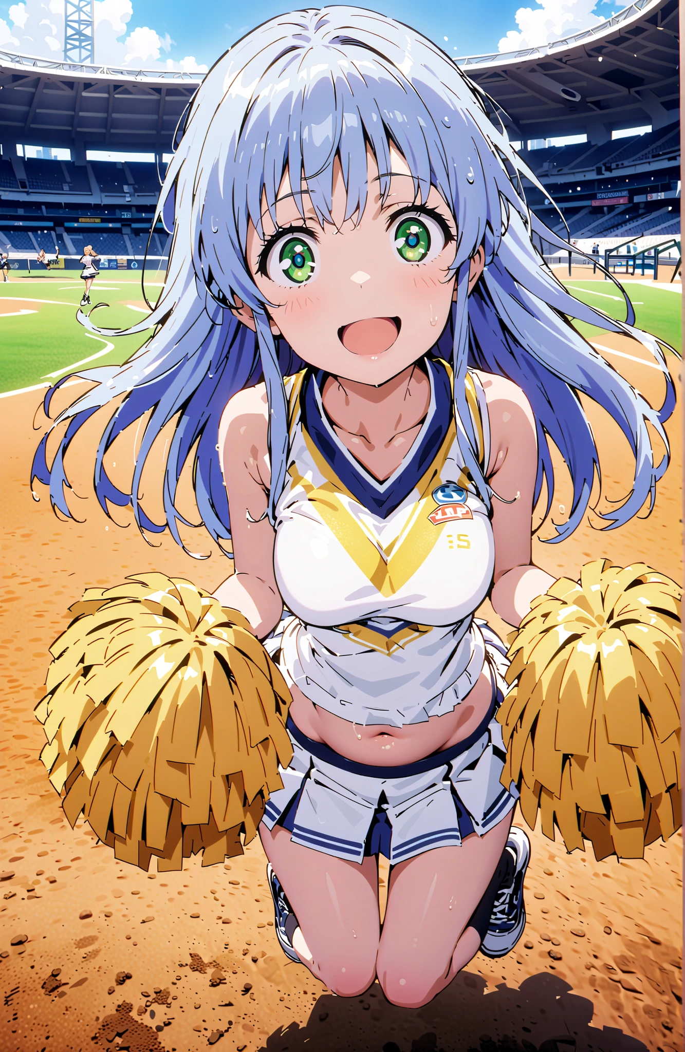 score_9, score_8_up, score_7_up, source_anime,Prohibited bibliography, green eyes, blue hair, long hair,Split Bangs,smile,cover,open your mouth, (Cheerleading), (full body),  on chest, (I sweated), I sweated Wet Clothes, (white clothes),sleeveless, pleated skirt,black socks,sneakers with a ladyback letter,belly button stick, playground, (jump), (jump), 片足を曲げてjumpする, , blue sky,  Compa, smile,cheerleader, Pom-pom \(Cheerleading\) real hair ornaments,Customer,full bodyがillustrationsに入るように,break outdoors,stadium,
break looking at viewer,full body,
break (masterpiece:1.2), Best Quality, high resolution, Unity 8k 壁紙, (illustrations:0.8), (beautiful detailed eyes:1.6), very detailed face,  perfect lighting on the table, Extremely Detailed CG, (perfect hand, perfect anatomy),