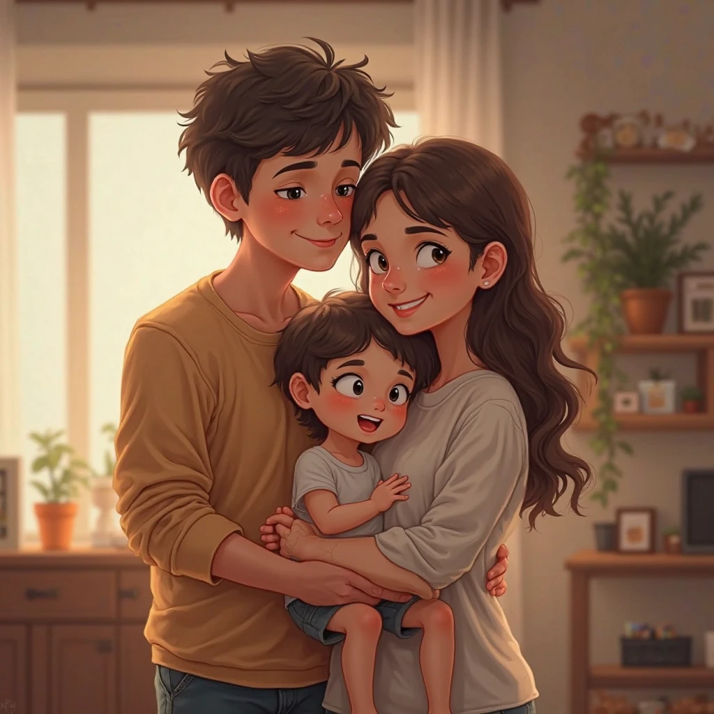 create a kid hugging her mom and dad sketchy look