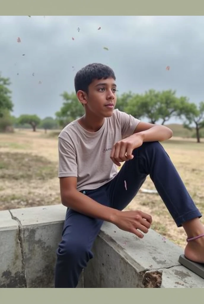 A boy standing on his roof swinging under a far away Neem tree