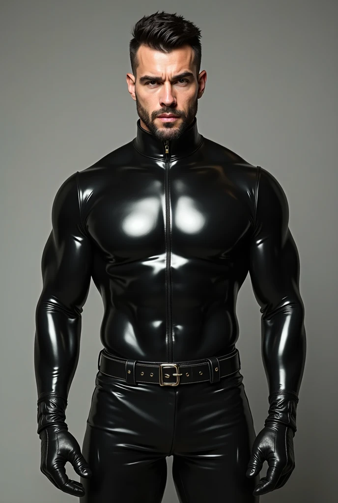 Fullbody standing picture of white skin Handsome muscular horny sexy gay man wearing tight skinny shiny vinyl suit with tie, shiny black Disconnected Pompadour oiled hair style, blue eyes, shiny brown varnished vinyl shoes, brown belt, red lip, chain, tattoos, horny, cum shot, sperm, milking penis, very big penis, very big testicle, shiny oiled skin, orgasm, oversexed, masturbation, standing at white lighting show room.