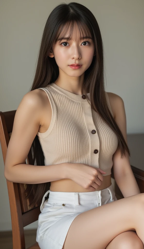 high quality、High resolution、masterpiece、Japanese women、23 years old、Brown long hair:1.4、Beautiful Skin、Brown eyes、Thin lips、Glossy Lips、light makeup、Earrings、Her big chest was wide open、length, Thin legs、Black tank top、necklace、Denim mini skirt、Look straight ahead、Sexy pose、whole photo:1.5、turn around、Summer Park、Full Body、