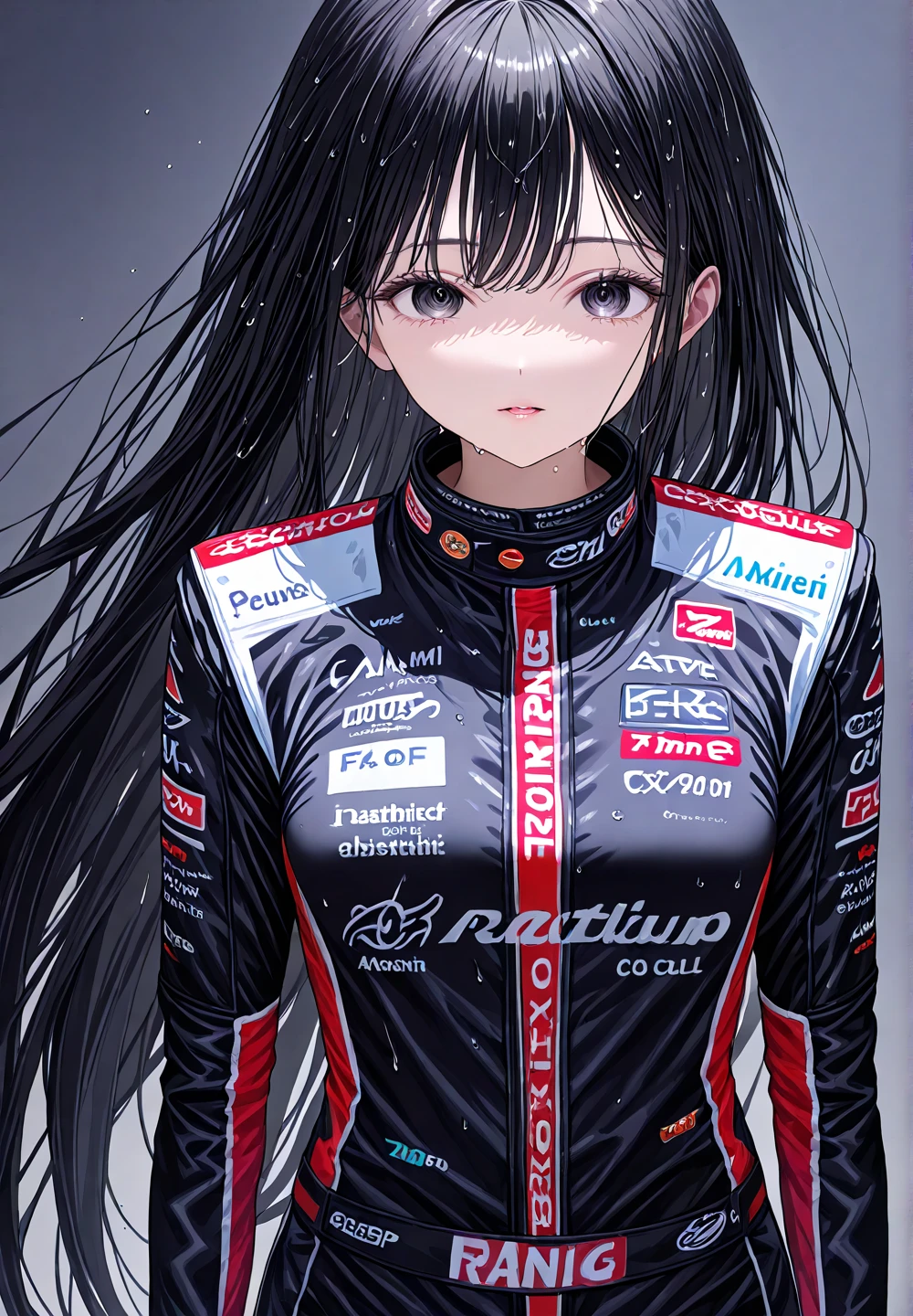 ((perfect hands)), ((perfect anatomy)), (((komi_shouko))), purple hair, ponytail, purple eyes, large breast, sports racing car, race track background, smiling, Porsche, sunny, blue sky, detailed hair, sit, 1girl, closed mouth, smile, black bodysuit, cropped jacket, white jacket, long sleeves, two-tone gloves, thigh boots, close up