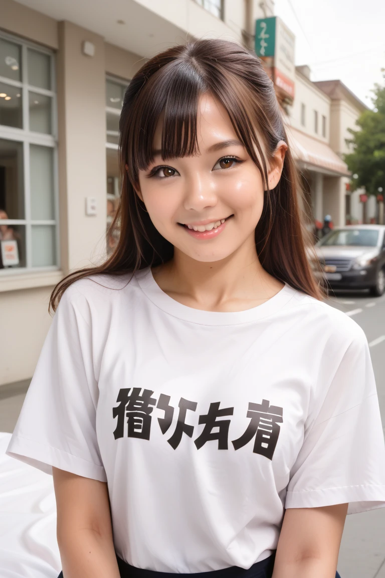 (8K, RAW Photos:1.2), Detailed face and eyes,最high quality, Ultra-high resolution, Very detailed ,Intricate details ,Tabletop ,pretty girl , Soft cinematic light, Hyper Detail,Sharp focus, high quality, Brown Hair,(Ultra short hair、Short ponytail)、(Straight bangs)、  outside,T-Shirts、”dwarf”、Full Body Shot、Waist、I can see your thighs、Cowboy Shot、 smile、