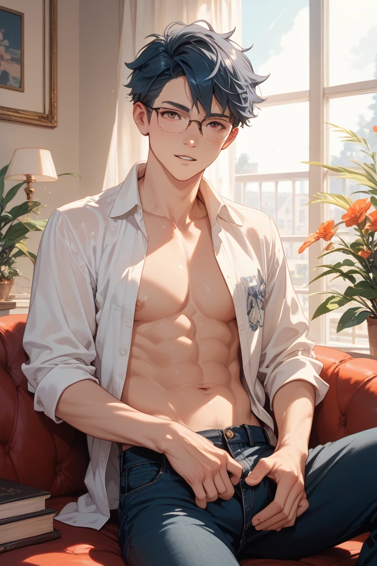 ((8K, masterpiece, high quality)), anime character, 1 man, young man, ((medium hair)), black hair, bangs between the eyes, Light blue eyes, pale skin, glasses, soft and passionate expression, sweet smile, very flushed cheeks, without shirt, photo shoot, portrait, living room scenario, sitting on the sofa, perfect shadow and light, natural, very perfect, very detailed ((Make him look extremely in love, extremely flushed))
