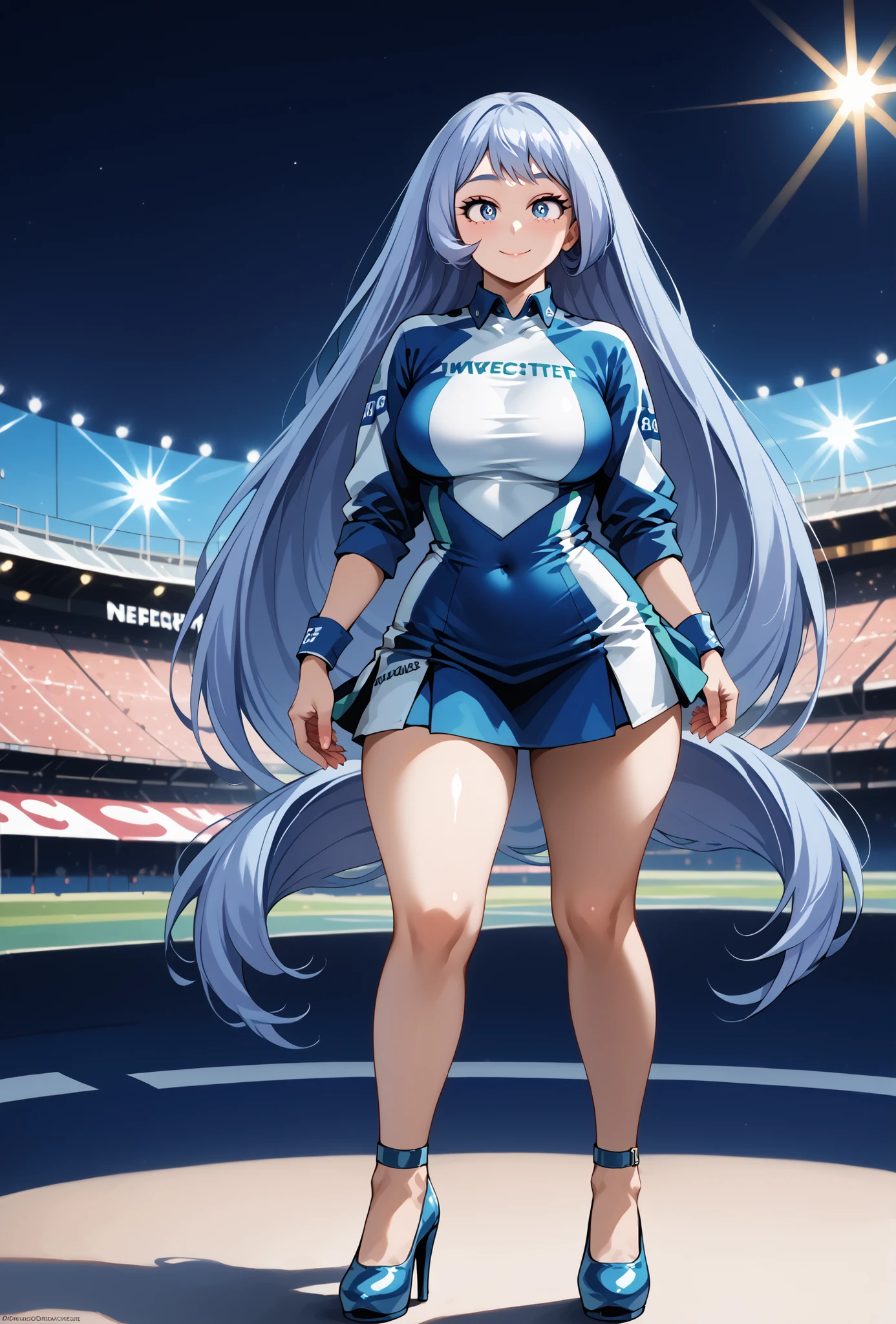 score_9, score_8_up, score_7_up, source_anime, 4K,perfect fingers,(perfect hands, perfect anatomy),prefect lighting, very aesthetic, intricate details,highly detailed background, masterpiece, high quality, best quality,
nejirehadou, nejire hadou, blue eyes, blue hair, long hair, large breasts,,
wearing ((Sexy F1 race queen costume, short skirt, high heels, )),,
Standing, A sagging breast, looking at the spectator,