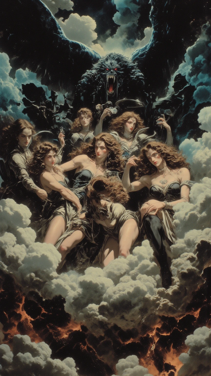The mad coven is moving in its crazy dance and it seems like it's all real and something incredible is about to happen, painting of a group of nude women flying through the sky, luis ricardo falero, inspired by andrea pozzo, reifs leaping through the sky, roberto ferri, very very roberto ferri, james gin and vlop, peter mohrbacher. unreal engine, baroque digital painting, gloomy dark orientalism, by andrea pozzo