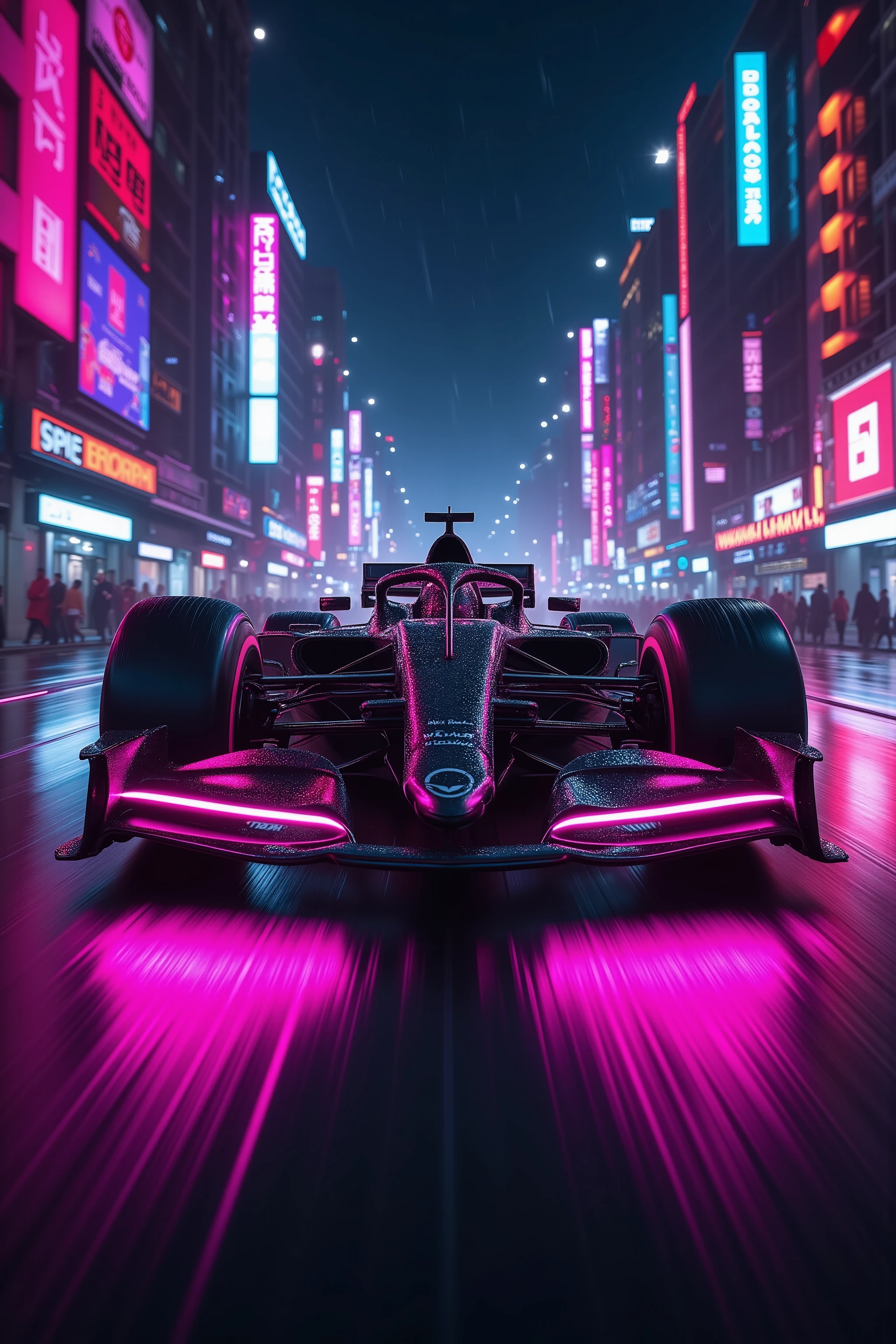 Fast-paced futuristic Formula 1 race car, sleek black design with vibrant pink neon lighting, speeding through wet city streets at night.  High-speed motion blur effect on wet asphalt.  Urban cityscape with towering buildings, vibrant neon signs in pink, blue, and red hues.  Perspective is from the road level, looking forward at the race car.  The car's design is futuristic and aerodynamic, with the pink neon lighting accentuating its curves and contours.  Wet asphalt reflects the city lights, creating a dynamic and vibrant atmosphere.  Urban art deco style.  Nighttime setting, focused on the race car's movement;  high-contrast lighting creates a dramatic, energetic mood.  The race car's chassis is smooth and reflective, and the tires are highly detailed.  Blurred light trails from other vehicles suggest high speed and nighttime action.  Rain streaks on the wet asphalt and on the buildings, highlighting the motion and weather conditions.  Electric city lights creating a vivid, electrifying and neon glow across the whole scene.  Dynamic composition and perspective.
