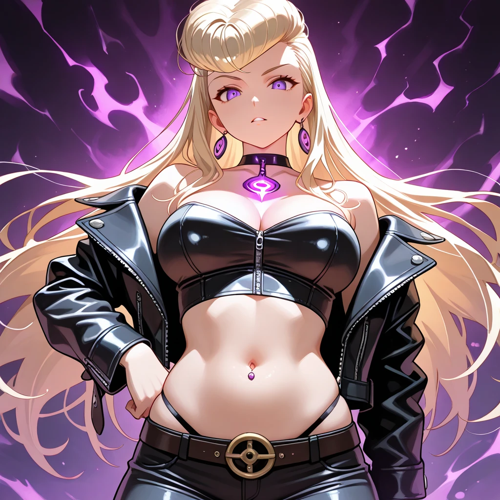 sexy female vampire. rubber outfit, dancing in night club. blonde, glowing eyes. neon light, leather harness. hazy rave ambience