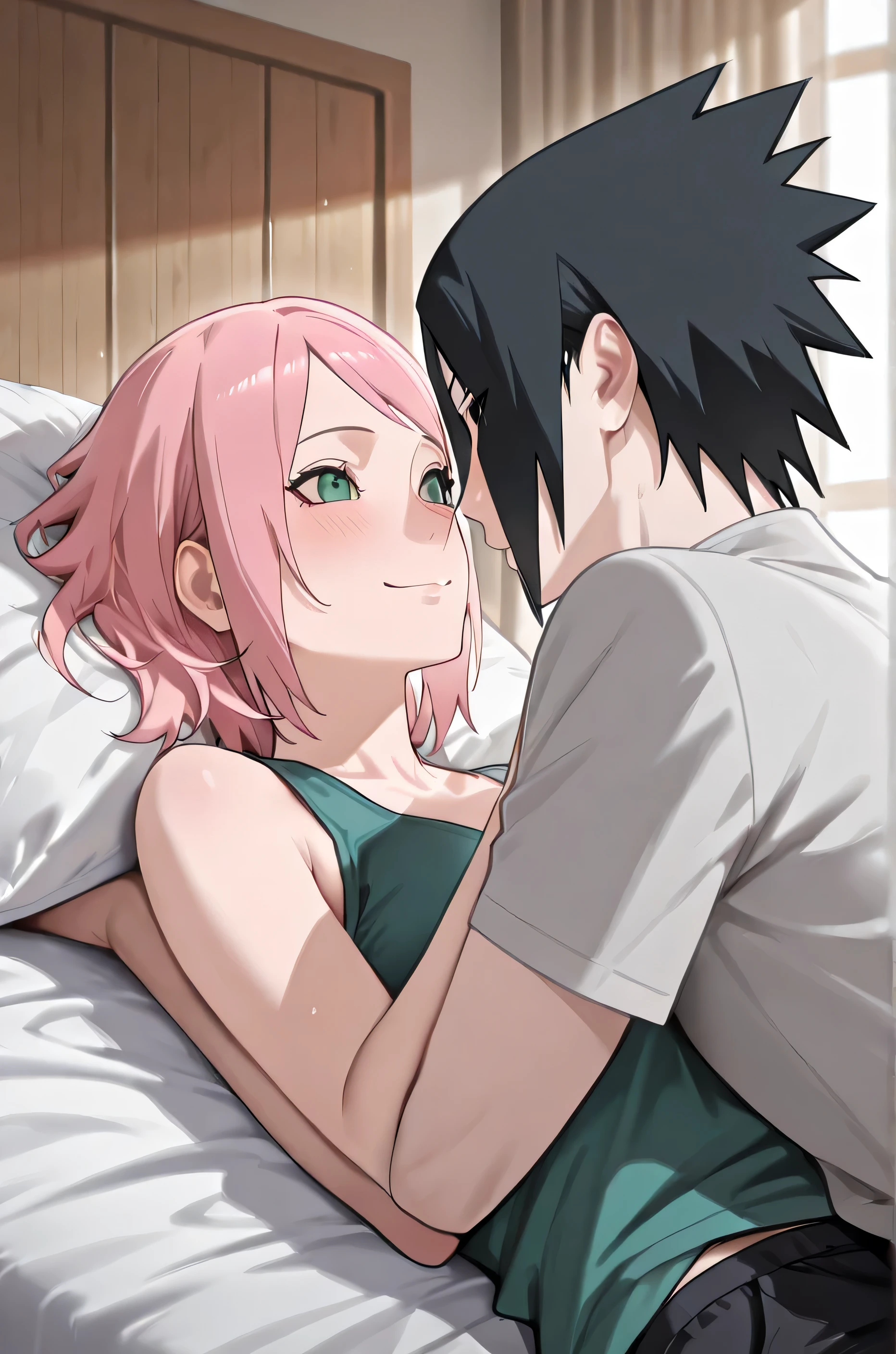 Imagine an intimate and quiet scene in a bedroom. Sasuke Uchiha, with his BLACK HAIR ,black eyes and their athletic build, is lying on the bed , mirando a sakura Haruno con una expresión suave y cariñosa.
sakura, with his short pink hair and bright green eyes, he smiles softly as he snuggles next to Sasuke, holding him with delicate arms. Her face is blushed , and his expression is one of pure happiness.
The room is illuminated with a soft and warm light, and the atmosphere is relaxed and intimate. The couple is in a moment of tranquility and connection, away from the stress and action of the outside world.